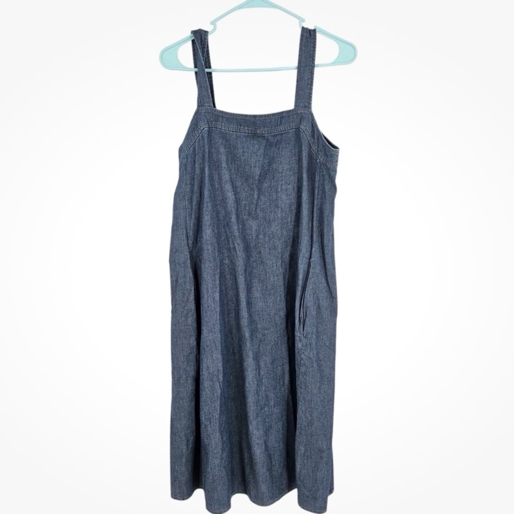 Eileen Fisher Dress Blue Chambray Organic Cotton Square Neck Knee Length Size XS